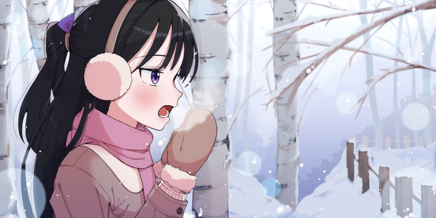 1girl, :o, absurdres, bare_tree, birch_tree, black_hair, blush, breath