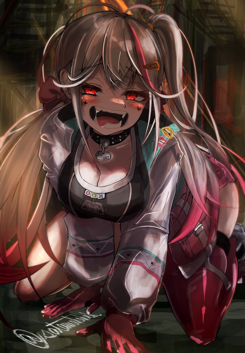 1girl, all_fours, asymmetrical_legwear, black_collar, black_sports_bra, blonde_hair, breasts, cleavage