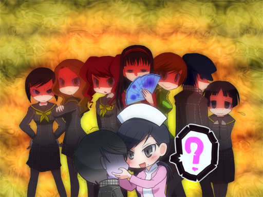 6+girls, ?, amagi_yukiko, angry, atlus, black_serafuku, newsboy_cap, caught