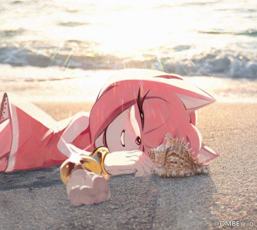 1girl, amy_rose, animal_ears, animal_nose, artist_name, bare_shoulders, beach, blush