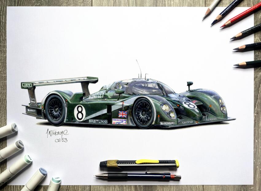 absurdres, anthony-c, art_tools_in_frame, artist_name, bentley, bentley_speed_8, car, colored_pencil, colored_pencil_(medium), commentary, dated, english_commentary, highres, le_mans_prototype, marker_(medium), mechanical_pencil, michelin, michelin_man, motor_vehicle, no_humans, pencil, photo_(medium), race_vehicle, racecar, real_life, roundel, traditional_media, union_jack, vehicle_focus, white_background