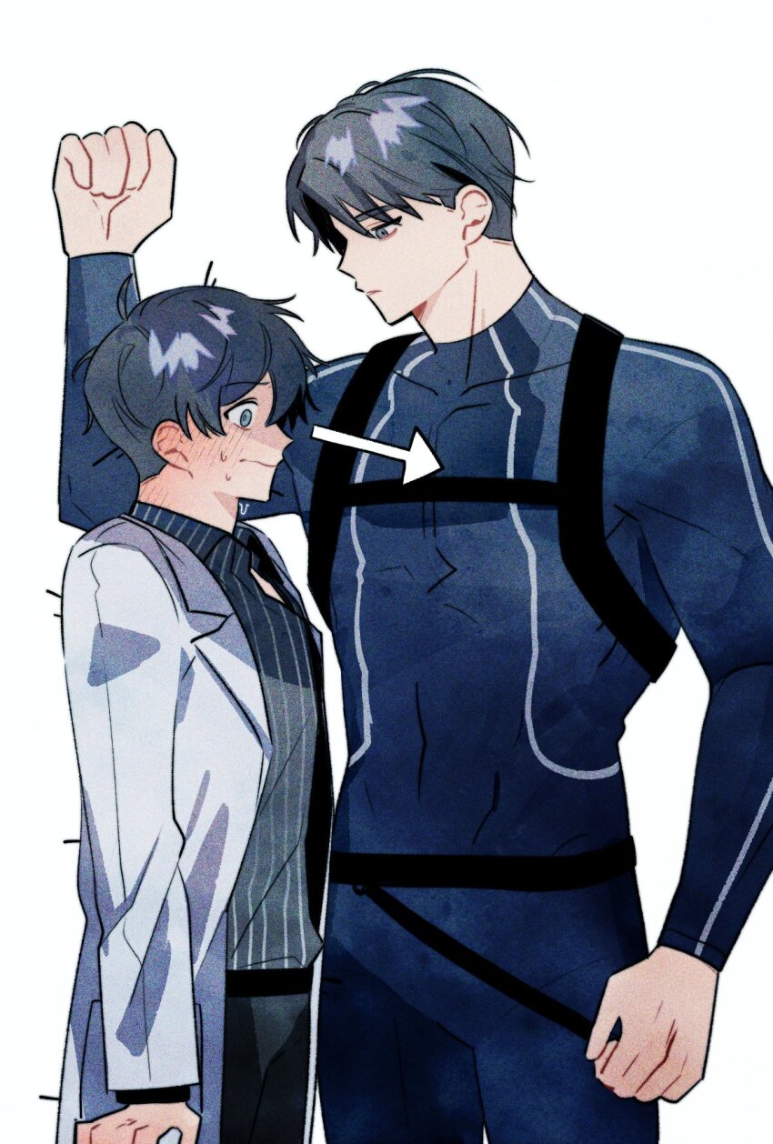 2boys, arrow_(symbol), black_hair, black_shirt, blue_male_swimwear, blush, bodysuit, closed_mouth, collared_shirt, commentary_request, diving_suit, eoduun_badaui_deungbul-i_doeeo, highres, korean_commentary, lab_coat, long_sleeves, looking_at_another, looking_at_pectorals, male_focus, male_swimwear, multiple_boys, park_moo-hyun, shin_hae-ryang, shirt, short_hair, simple_background, standing, striped_clothes, striped_shirt, suae, sweat, vertical-striped_clothes, vertical-striped_shirt, wetsuit, white_background, yaoi