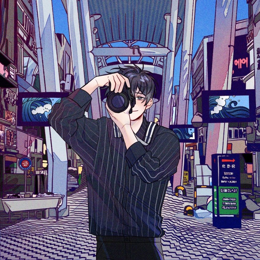 1boy, black_hair, black_shirt, camera, closed_mouth, collared_shirt, commentary_request, day