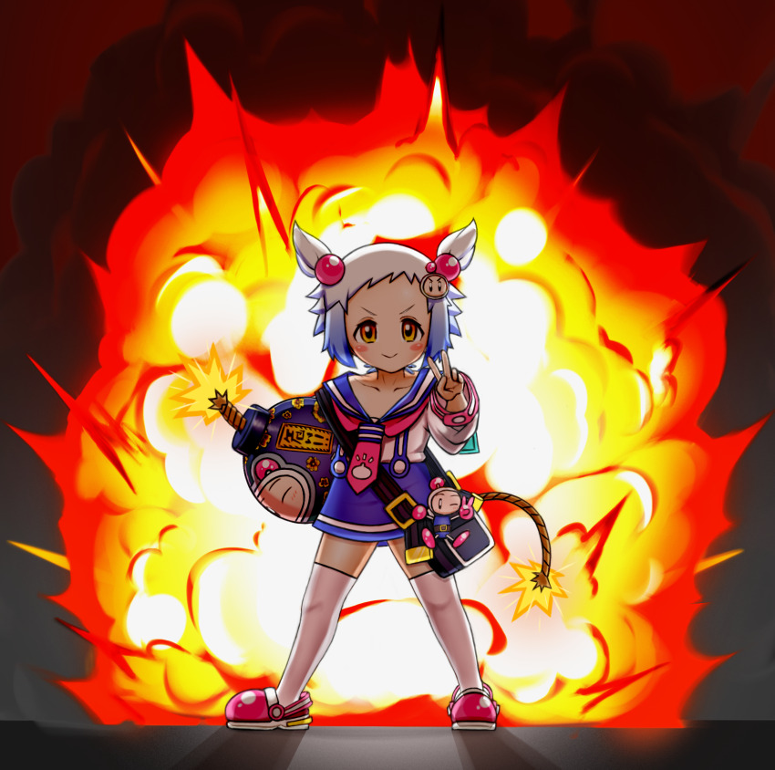 1girl, bag, blue_sailor_collar, blue_skirt, blush_stickers, bomb, bombergirl, bomberman