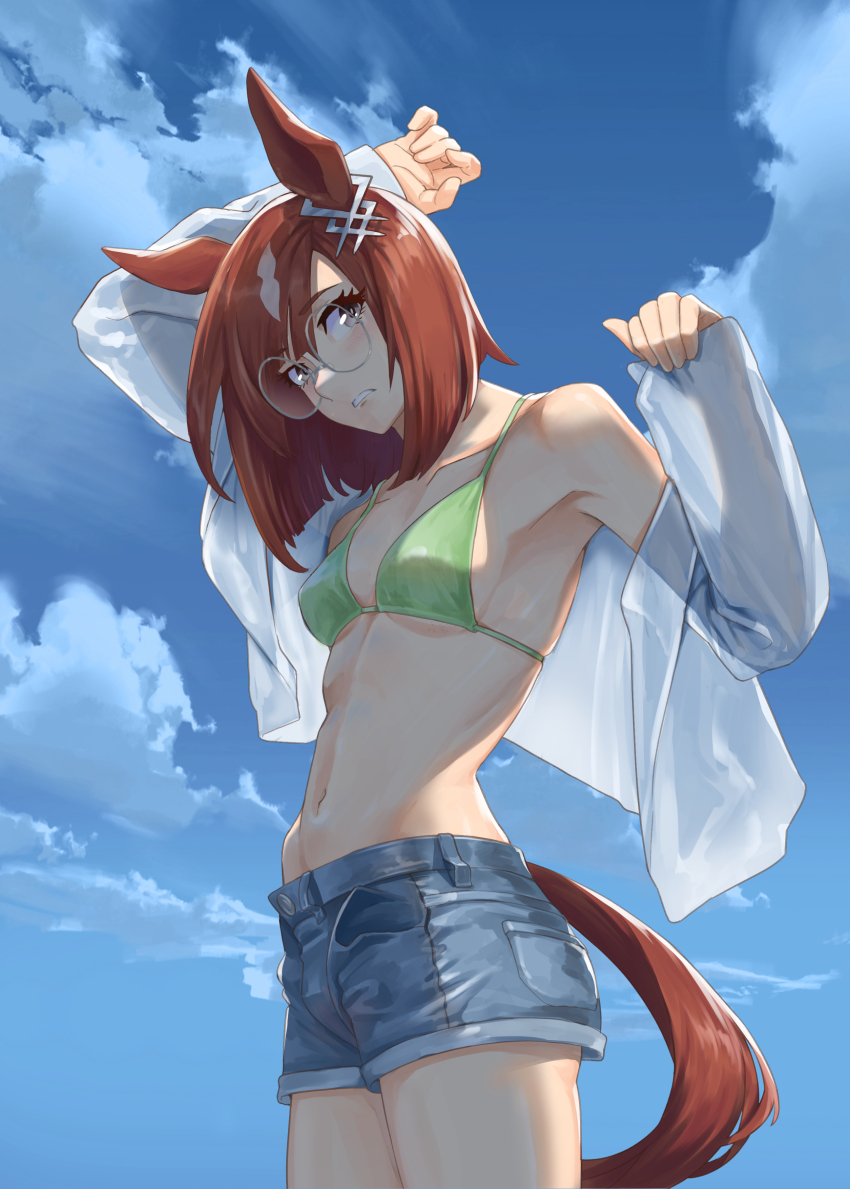 1girl, absurdres, animal_ears, blue_sky, bob_cut, bra, breasts, brown_hair