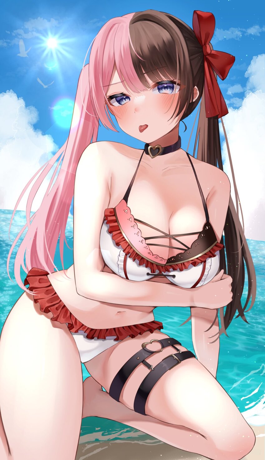 1girl, :p, arm_under_breasts, beach, bikini, black_collar, blue_eyes, bow
