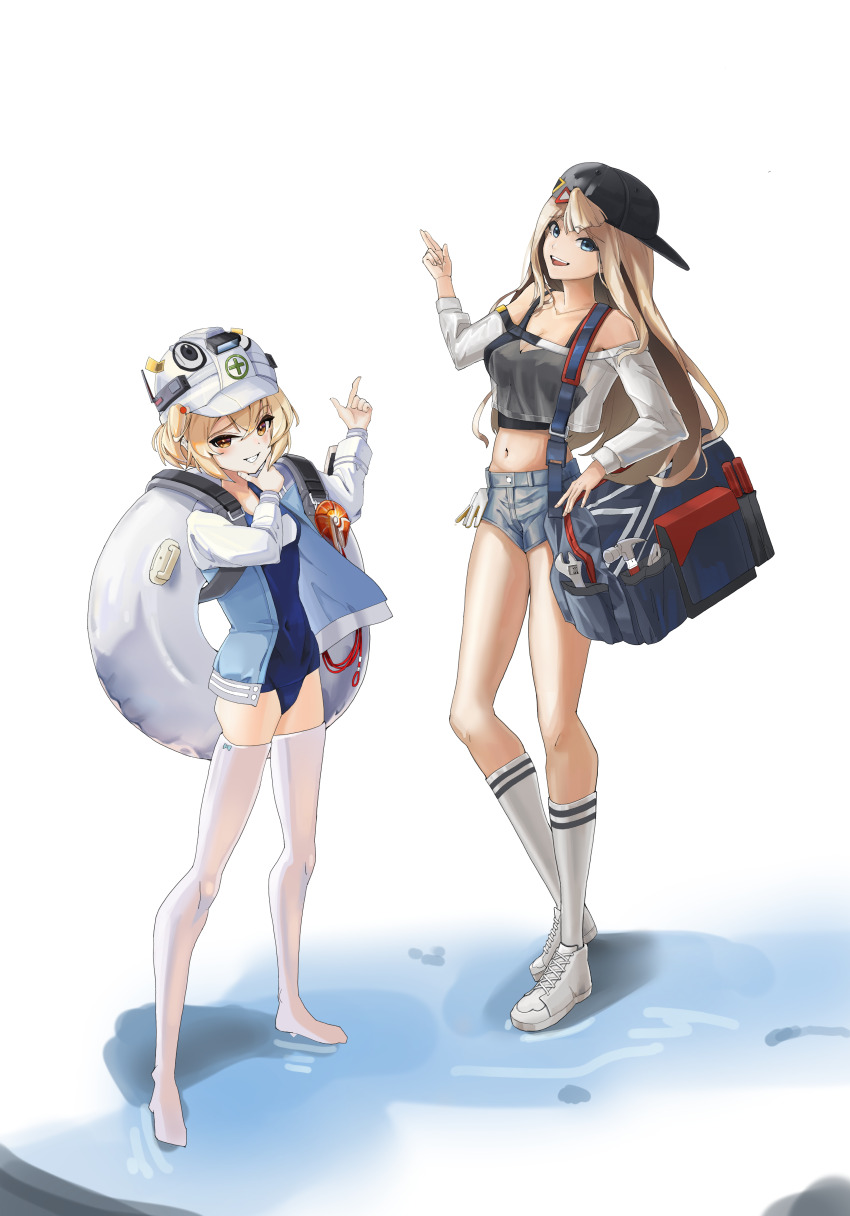 2girls, :d, absurdres, backwards_hat, bag, baseball_cap, black_sports_bra, blonde_hair, blue_one-piece_swimsuit, blue_shorts, breasts, centi_(nikke), centi_(supreme_holiday)_(nikke), cleavage, denim, denim_shorts, duffel_bag, finger_gun, full_body, goddess_of_victory:_nikke, green_eyes, grin, hard_hat, hat, helmet, highres, innertube, jacket, light_blue_jacket, liter_(guardfish)_(nikke), liter_(nikke), long_hair, medium_breasts, multiple_girls, one-piece_swimsuit, open_mouth, school_swimsuit, see-through_clothes, see-through_shirt, shirt, shoes, shorts, shouyou_(egcr8334), smile, sneakers, socks, sports_bra, standing, swim_ring, swimsuit, thighhighs, white_shirt, white_sleeves, white_socks, white_thighhighs