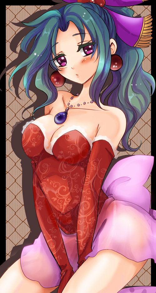 1990s_(style), 1girl, bare_shoulders, blush, breasts, cleavage, detached_sleeves, earrings, elbow_gloves, female_focus, final_fantasy, final_fantasy_vi, gloves, green_hair, jewelry, kazu_tanuki, long_hair, miniskirt, necklace, missing_legwear, ponytail, purple_eyes, ribbon, skirt, solo, tina_branford