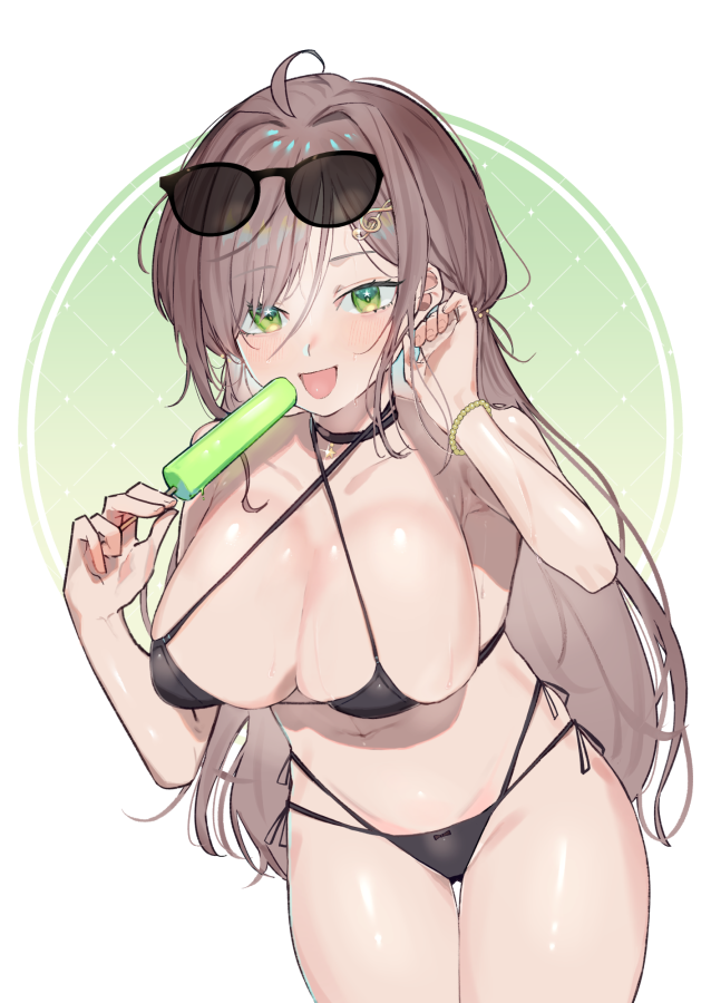 1girl, bikini, black_bikini, black_choker, bracelet, breasts, choker, cleavage, collarbone, commission, cowlick, criss-cross_halter, eyewear_on_head, food, green_eyes, groin, hair_behind_ear, halterneck, holding, holding_food, holding_popsicle, indie_virtual_youtuber, jewelry, large_breasts, long_hair, miori_celesta, navel, open_mouth, popsicle, saidasai, skeb_commission, smile, solo, sunglasses, swimsuit, very_long_hair, virtual_youtuber