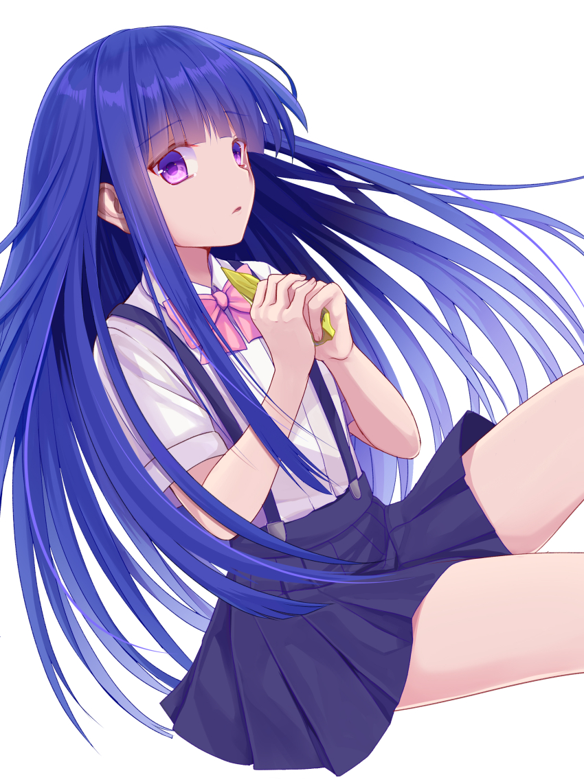 1girl, absurdres, akausagi, blue_hair, blue_skirt, blunt_bangs, bow, collared_shirt, commentary_request, crystal, flat_chest, floating_hair, furude_rika, highres, higurashi_no_naku_koro_ni, higurashi_no_naku_koro_ni_gou, hime_cut, holding, kakera, long_hair, looking_at_viewer, miniskirt, neck_ribbon, nekodamashi-hen, open_mouth, parted_lips, pink_bow, pink_ribbon, pleated_skirt, purple_eyes, ribbon, shirt, short_sleeves, sidelocks, simple_background, skirt, solo, straight_hair, suspender_skirt, suspenders, tearing_up, white_background, white_shirt