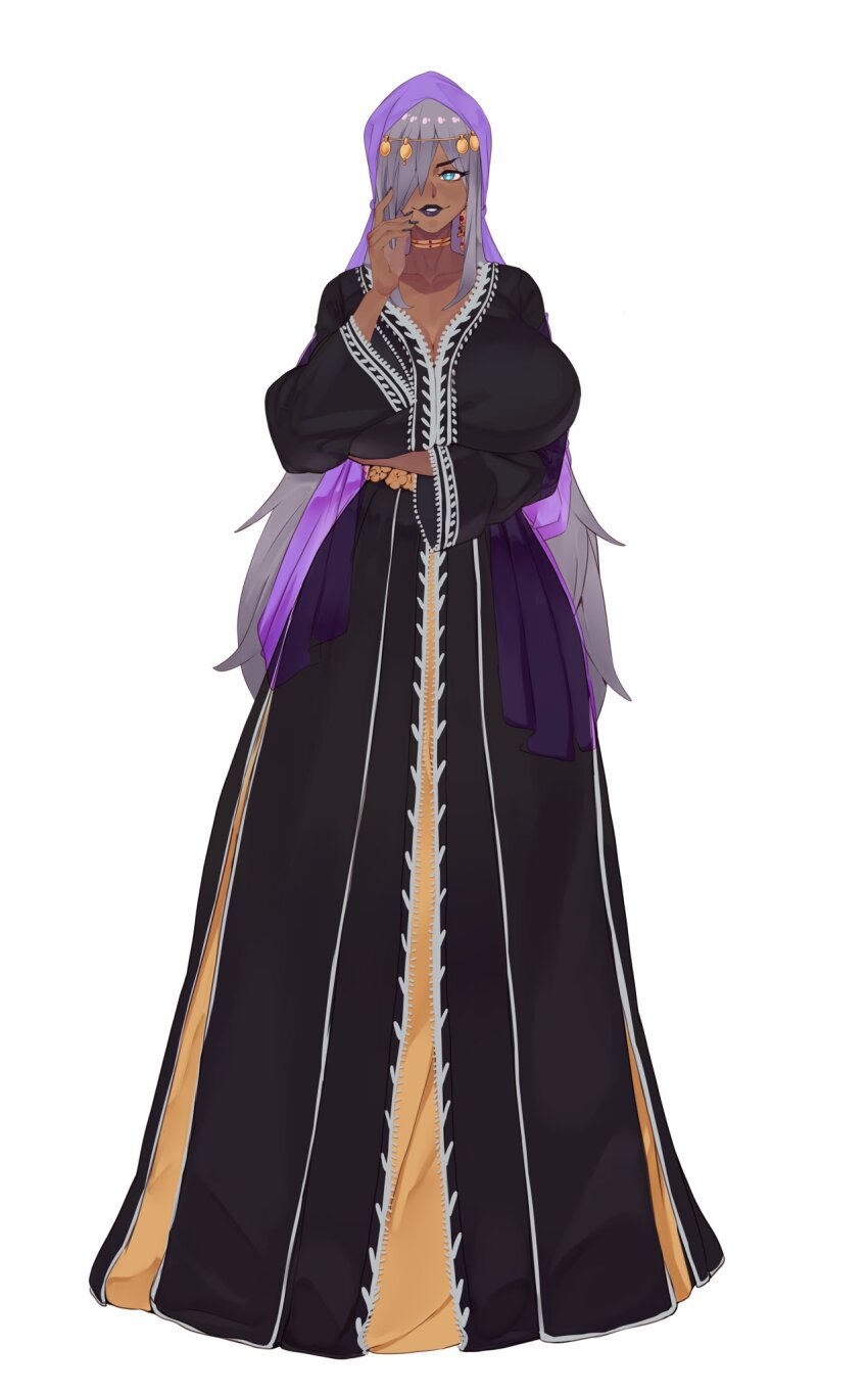 black_lips, black_robe, dark-skinned_female, dark_skin, headscarf, highres, illboxart, jewelry