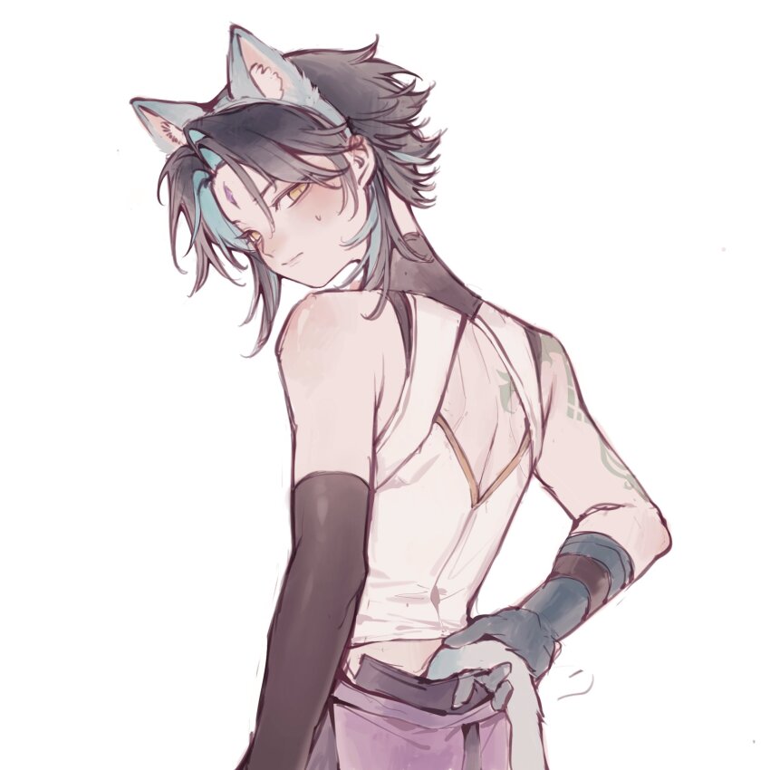 1boy, animal_ear_fluff, animal_ears, arm_at_side, arm_tattoo, bare_shoulders, blue_gloves, blush