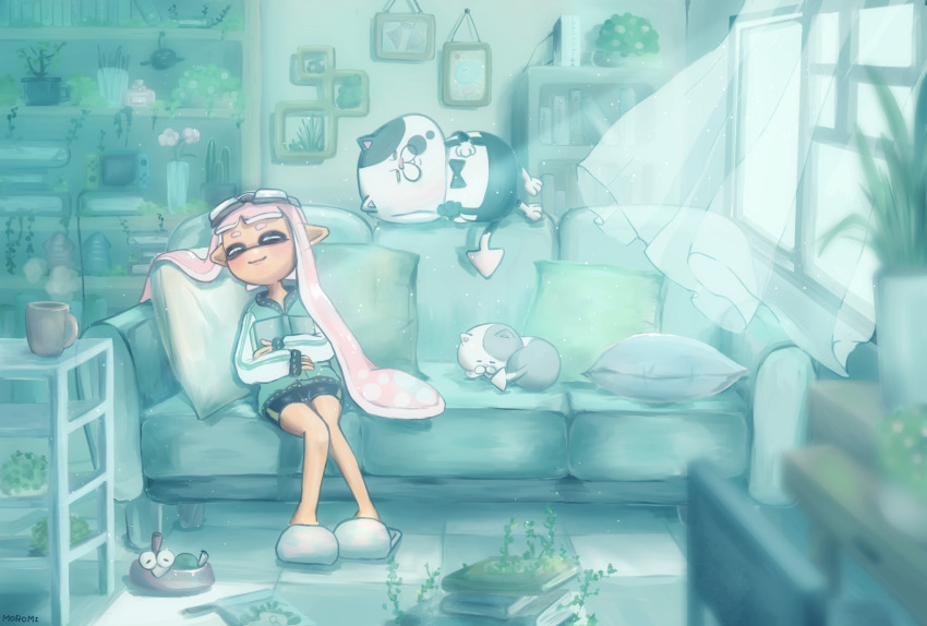 1girl, absurdly_detailed_composition, big_man_(splatoon), black_shorts, blue_jacket, blunt_bangs, blurry, blurry_foreground
