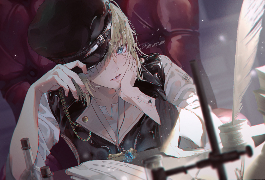 1boy, absurdres, androgynous, android, arm_support, black_hat, blonde_hair, blue_eyes, chair, cracked_skin, dutch_angle, hand_on_headwear, hat, hat_over_one_eye, highres, hikakonoe, indoors, jewelry, light_particles, looking_at_viewer, male_focus, on_chair, original, parted_lips, peaked_cap, pendant, quill, shirt, sitting, solo, table, twitter_username, upper_body, white_shirt