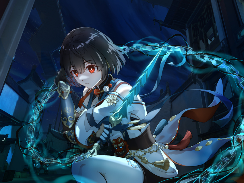 1girl, architecture, bagua, bare_shoulders, bead_necklace, beads, bell, black_hair