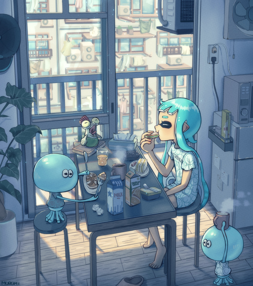 1girl, absurdly_detailed_composition, absurdres, air_conditioner, aqua_hair, artist_name, baseball_cap, black_headwear