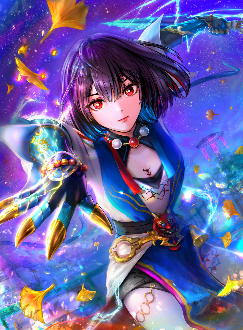 1girl, absurdres, architecture, bagua, bare_shoulders, bead_necklace, beads, bell, black_hair, closed_mouth, colored_inner_hair, dagger, east_asian_architecture, gauntlets, hair_between_eyes, hand_up, highres, holding, holding_dagger, holding_knife, holding_weapon, honkai:_star_rail, honkai_(series), jewelry, knife, leaf, looking_at_viewer, medium_hair, multicolored_hair, necklace, night, orb, oyama_sou, red_eyes, shoulder_strap, solo, trigram, weapon, xueyi_(honkai:_star_rail), yellow_leaves, yin_yang, yin_yang_orb