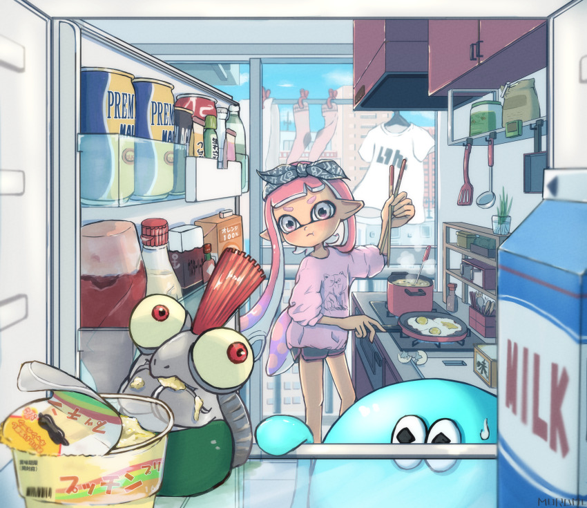 1girl, :t, absurdres, arm_up, artist_name, bag, bandana, black_bandana, black_shorts, blue_sky, blush, bottle, building, cabinet, can, chopsticks, closed_mouth, clothes_hanger, clothesline, cloud, commentary_request, cooking, cooking_pot, counter, cup, cutting_board, day, drink_carton, eating, egg_(food), eggshell, food, food_request, fork, fried_egg, frying_pan, glass_door, gradient_hair, grey_eyes, highres, holding, holding_chopsticks, in_container, in_refrigerator, indoors, inkling, inkling_girl, inkling_player_character, jar, jellyfish_(splatoon), ketchup, ketchup_bottle, kitchen, ladle, laundry, long_hair, looking_at_viewer, milk, milk_carton, mohawk, moromi_(kscd4482), multicolored_hair, nintendo, pink_hair, pink_shirt, pointy_ears, pov, print_shirt, purple_hair, red_eyes, red_hair, refrigerator, refrigerator_interior, shelf, shirt, short_eyebrows, short_shorts, shorts, sidelocks, sky, slice_of_life, sliding_doors, smallfry_(splatoon), spatula, splatoon_(series), spoon, standing, stove, suction_cups, tentacle_hair, three-quarter_sleeves, utensil_rack, v-shaped_eyebrows, very_long_hair