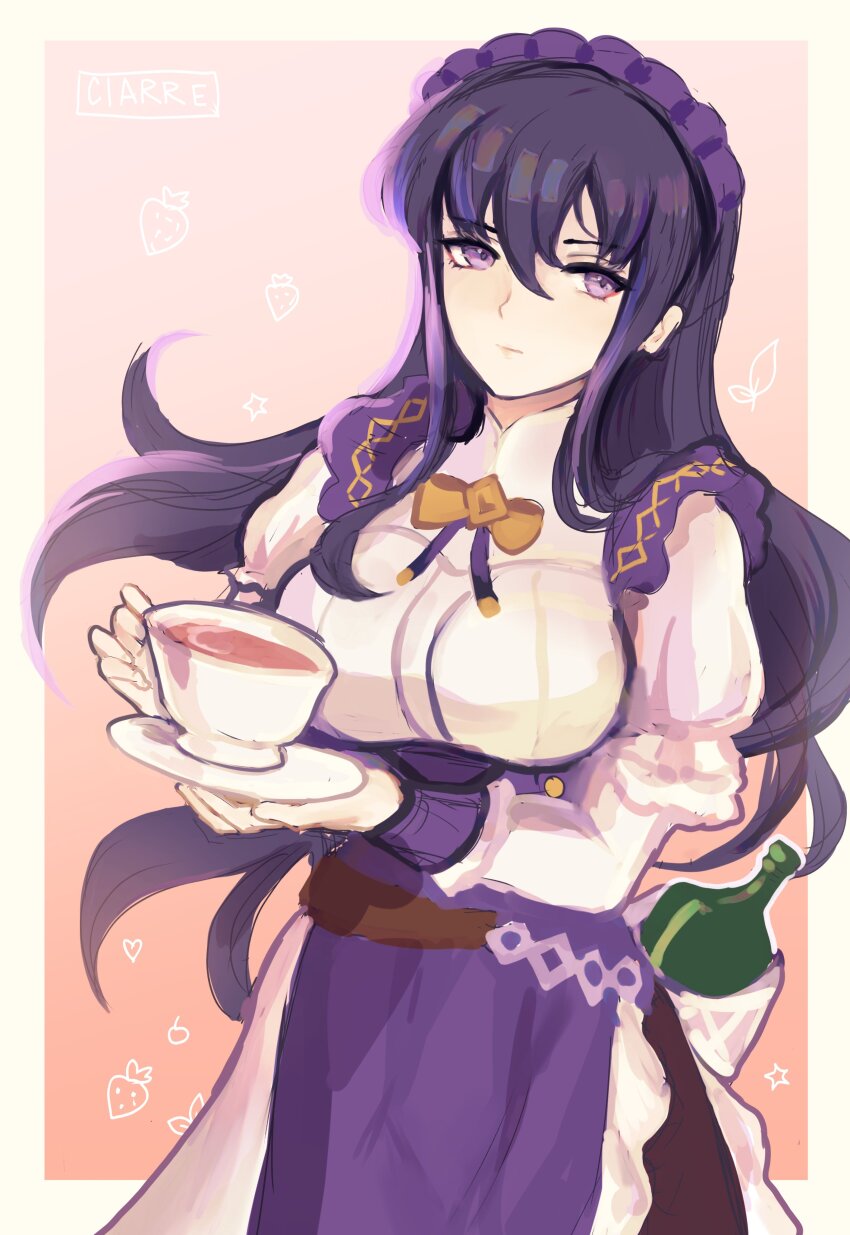1girl, absurdres, alternate_costume, apron, artist_name, ayra_(fire_emblem), ayra_(tea_party)_(fire_emblem), black_hair