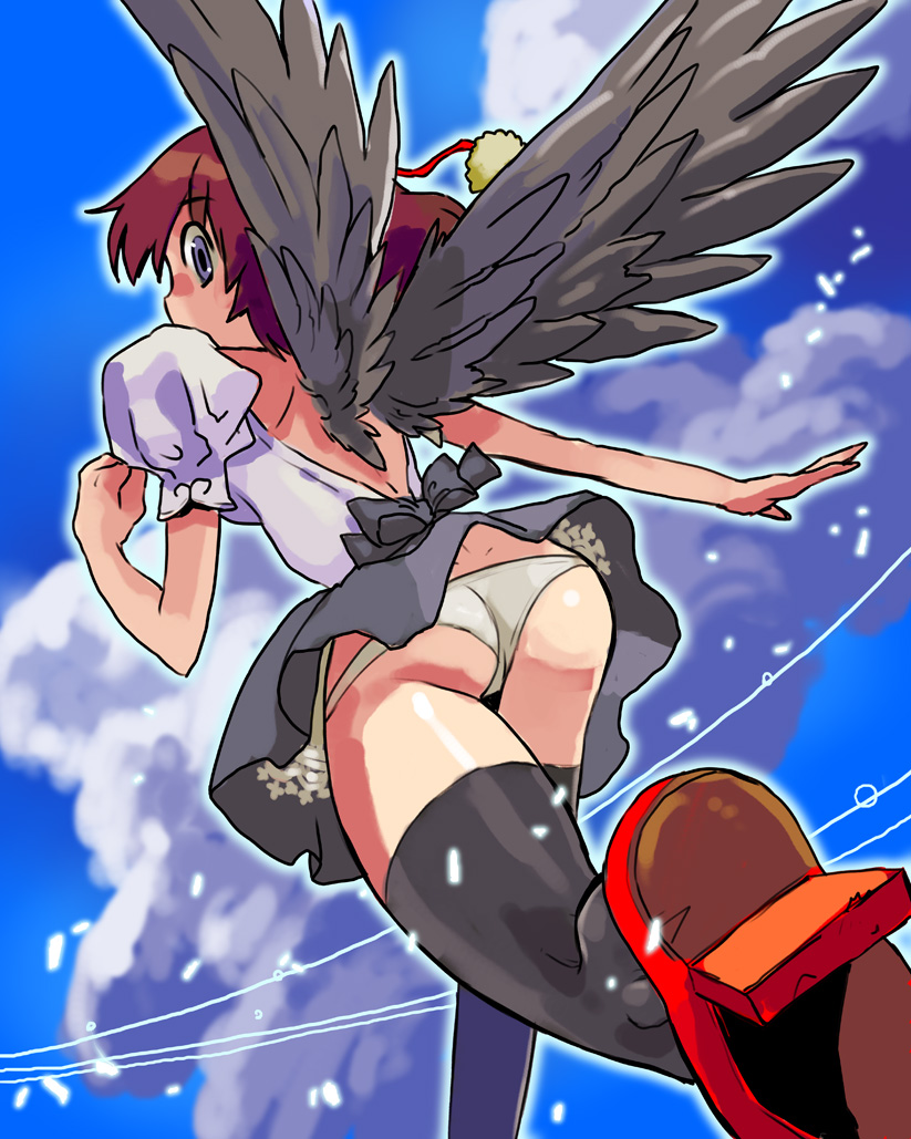 1girl, ass, black_thighhighs, brown_hair, female_focus, geta, looking_at_viewer, looking_back