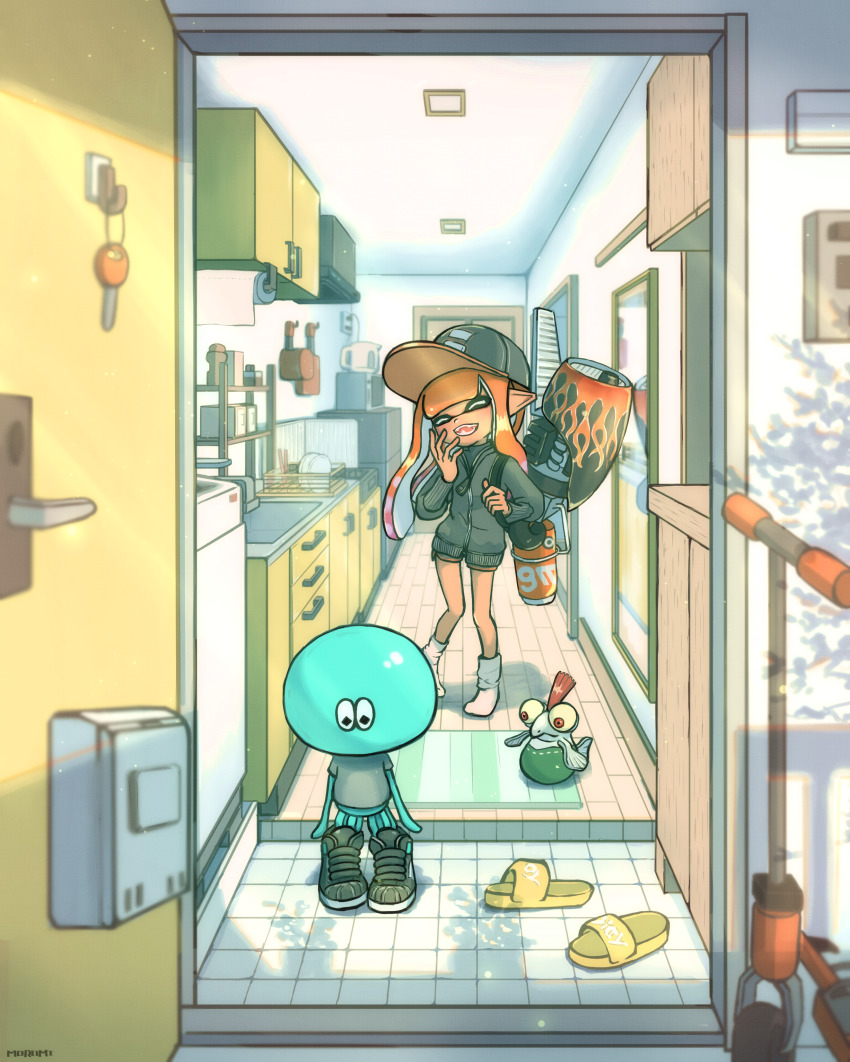 1girl, :d, ^_^, absurdres, artist_name, baseball_cap, black_footwear, black_headwear