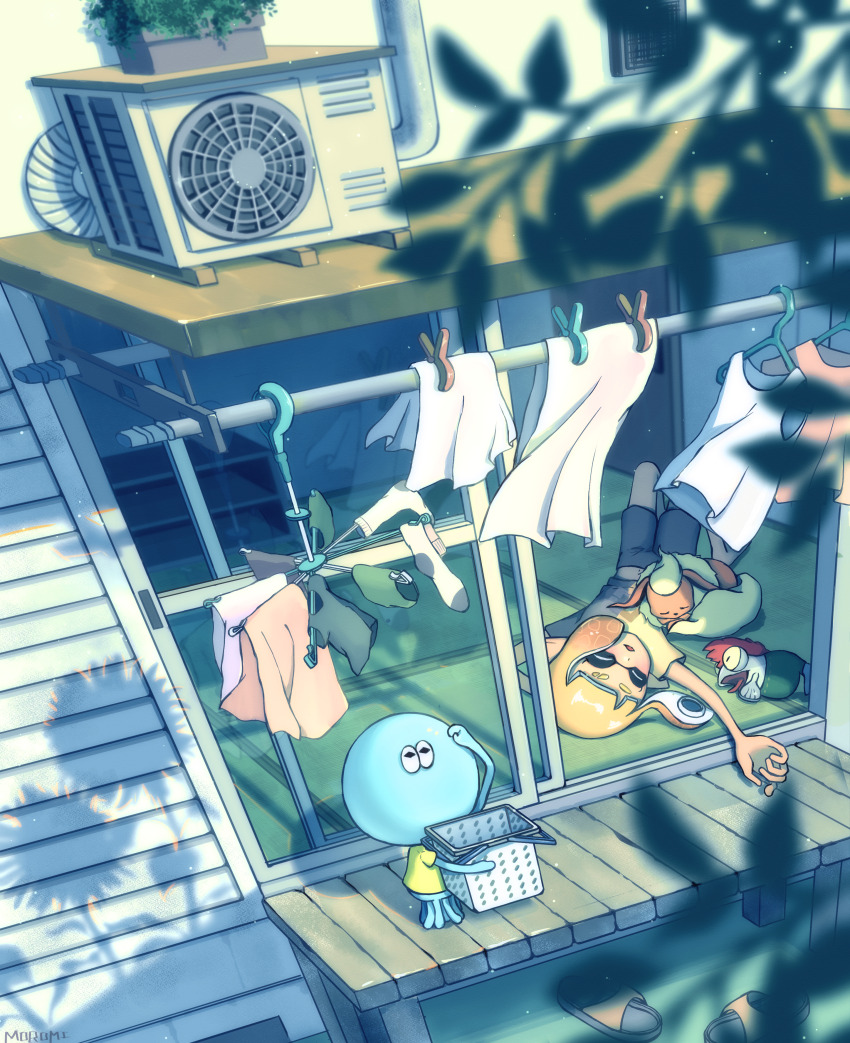 1girl, absurdres, air_conditioner, arm_up, black_shorts, blonde_hair, blouse, blunt_bangs