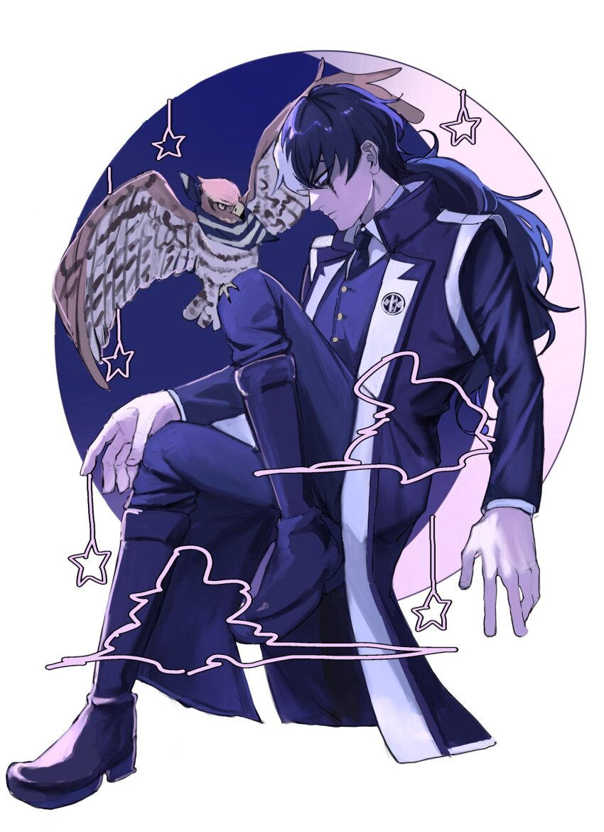 1boy, ace_attorney, bird, bird_on_knee, black_boots, black_coat, black_hair, black_necktie