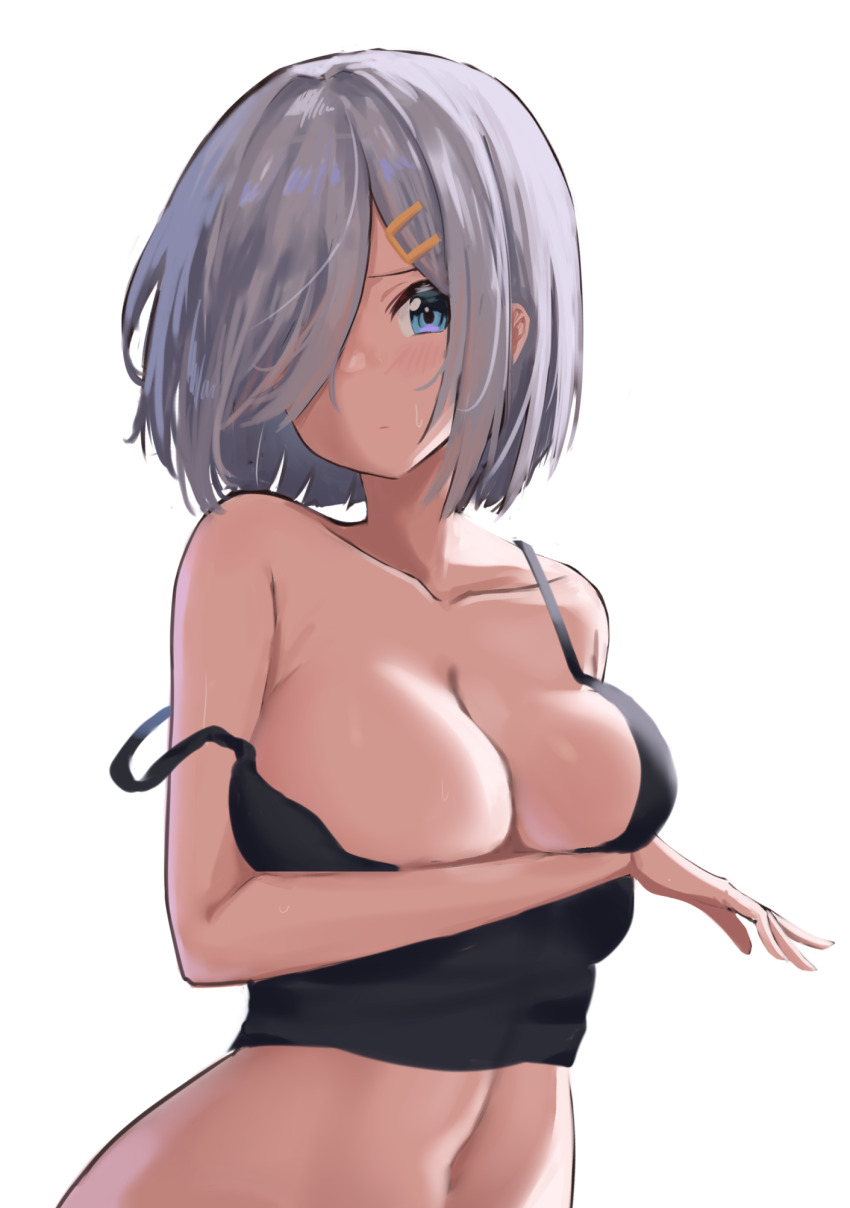 1girl, black_camisole, blue_eyes, breasts, breasts_day, camisole, cleavage, collarbone, grey_hair, hair_ornament, hair_over_one_eye, hairclip, hamakaze_(kancolle), highres, kantai_collection, lanthan, large_breasts, looking_at_viewer, short_hair, simple_background, solo, upper_body, white_background