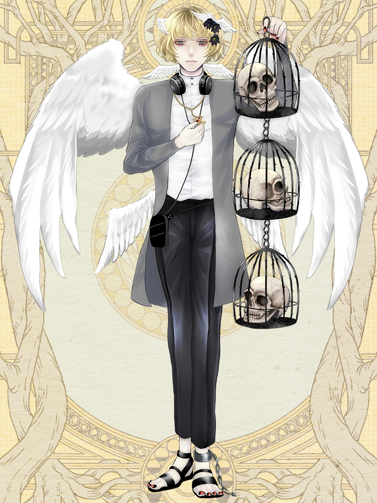 1boy, august_altner, birdcage, black_pants, blonde_hair, cage, cross, cross_necklace, dairoku_ryouhei, feathered_wings, fujimori_(tw), full_body, grey_jacket, hair_ornament, headphones, headphones_around_neck, jacket, jewelry, male_focus, necklace, pants, red_nails, sandals, shirt, short_hair, skull, solo, standing, white_shirt, white_wings, wing_hair_ornament, wings, yellow_background