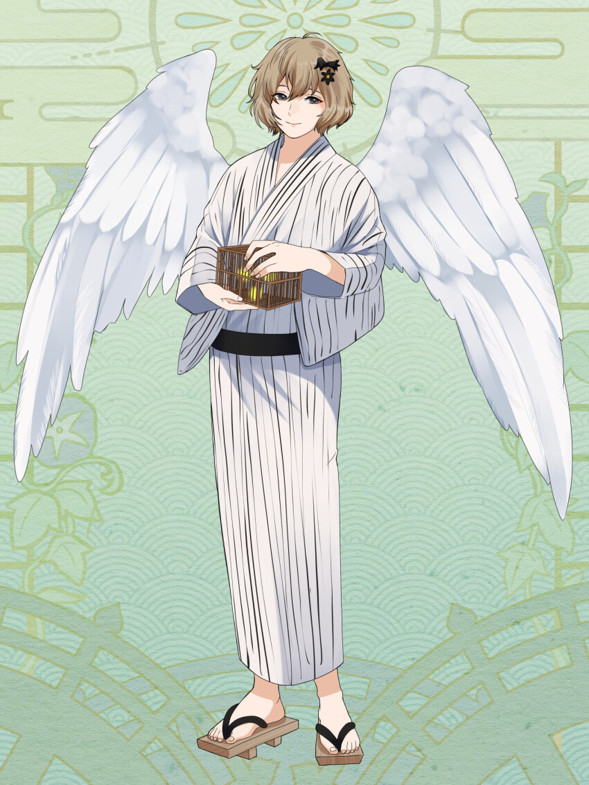 1boy, august_altner, cage, dairoku_ryouhei, feathered_wings, full_body, geta, green_background, hair_ornament, highres, japanese_clothes, kimono, looking_at_viewer, male_focus, short_hair, soji_natori_(tw), solo, standing, star_(symbol), star_hair_ornament, white_kimono, white_wings, wings