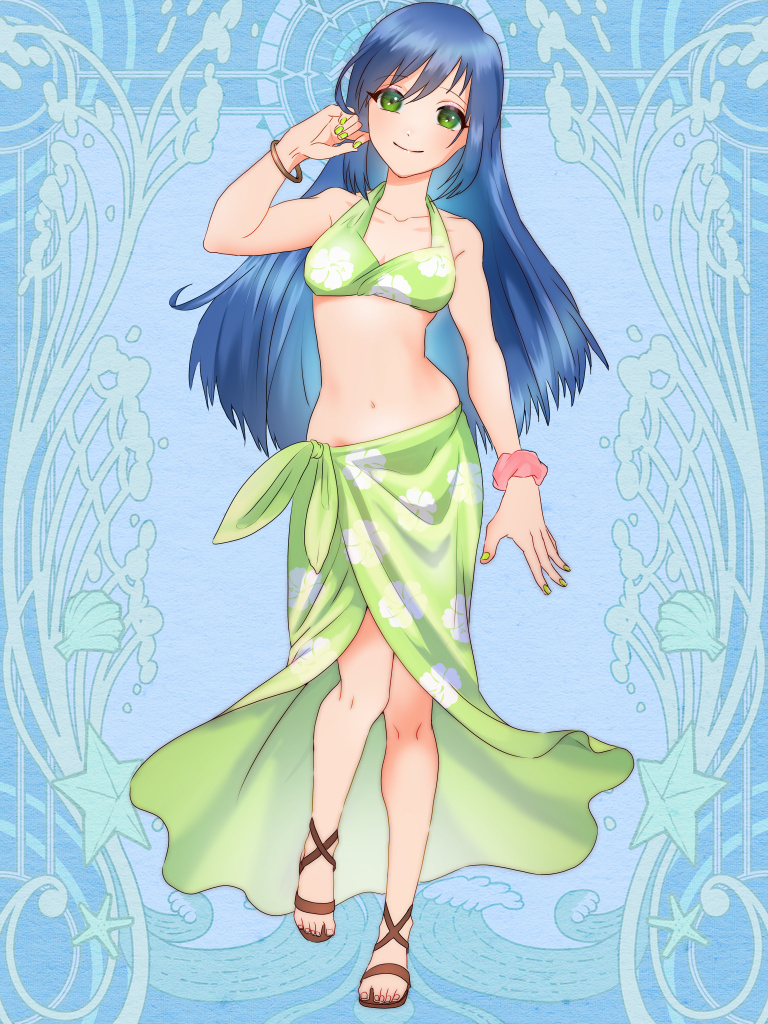 1girl, blue_background, blue_hair, breasts, dairoku_ryouhei, floral_print, full_body, green_eyes, green_nails, long_hair, looking_at_viewer, navel, olga_draper, sandals, scrunchie, small_breasts, smile, soji_natori_(tw), solo, standing, wrist_scrunchie, wristband