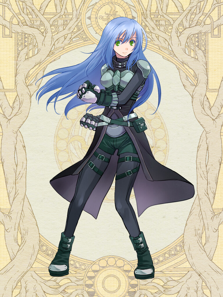 1girl, armor, belt, black_pantyhose, blue_hair, boots, clenched_hand, clenched_hands