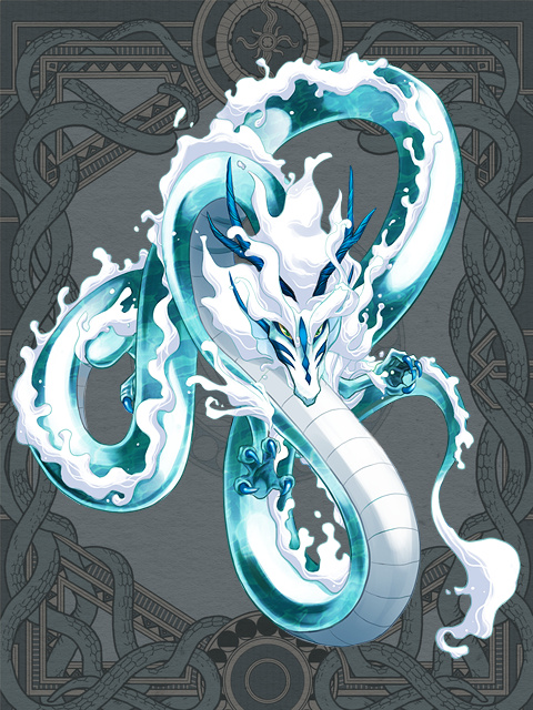 blue_eyes, colored_sclera, dairoku_ryouhei, dragon, eastern_dragon, full_body, grey_background, katagawa_kae, looking_at_viewer, no_humans, solo, yellow_sclera