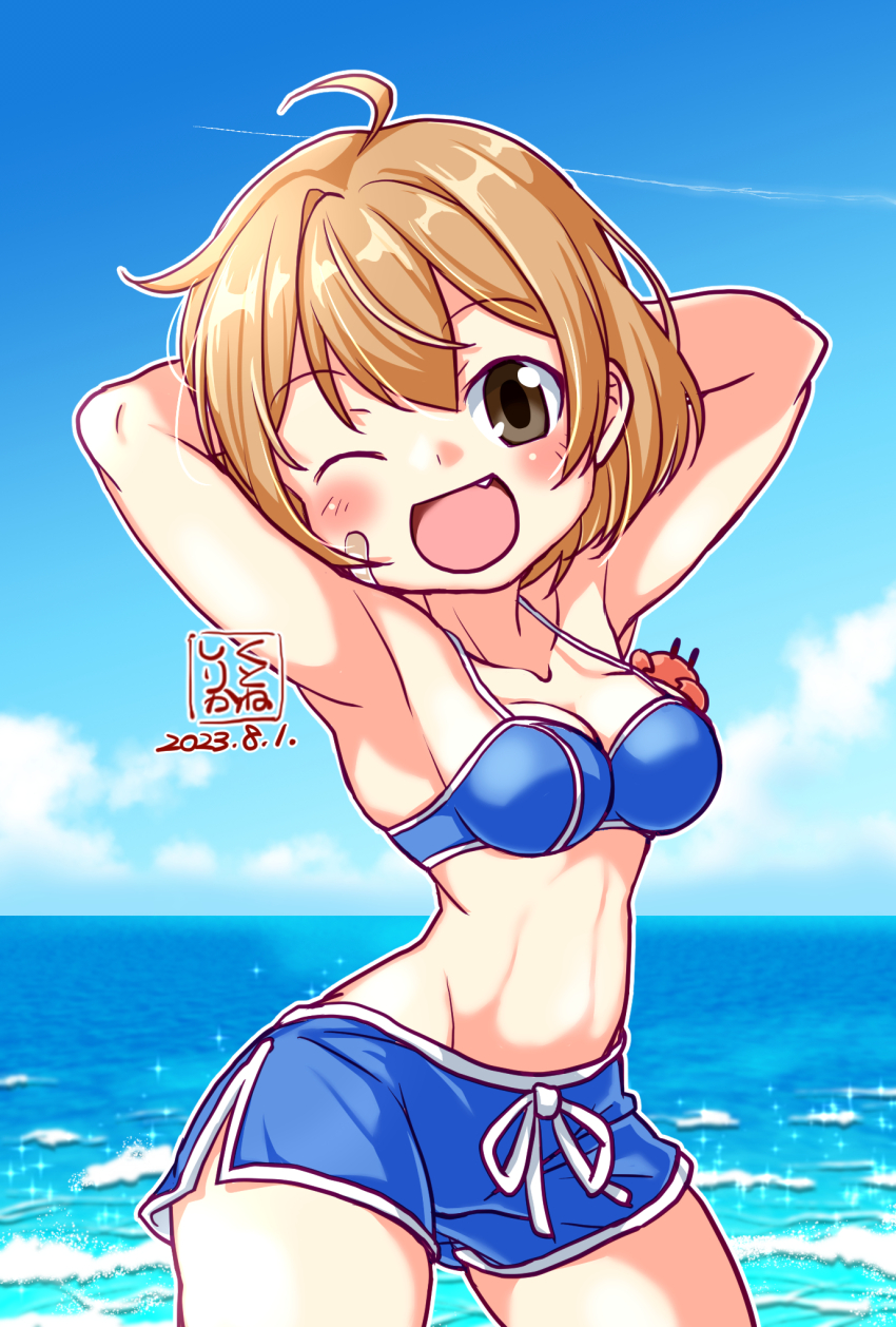 1girl, ahoge, arms_behind_head, artist_logo, bandaid, bandaid_on_face, bikini, blue_bikini