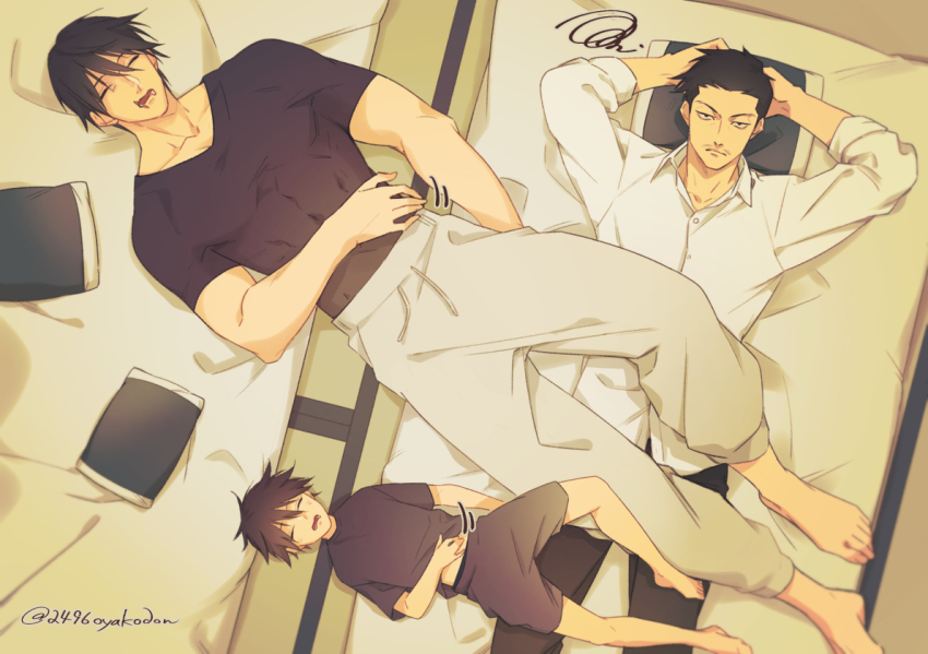 2496oyakodon, 3boys, arms_behind_head, arms_up, black_eyes, black_hair, black_pants, black_shirt, black_shorts, closed_eyes, collarbone, collared_shirt, facial_hair, father_and_child, father_and_son, full_body, fushiguro_megumi, fushiguro_toji, futon, jujutsu_kaisen, looking_at_viewer, lying, male_focus, multiple_boys, mustache, on_back, open_mouth, pants, parent_and_child, pillow, scar, scar_on_face, shirt, shiu_kong, short_hair, short_sleeves, shorts, sleeves_rolled_up, white_pants, white_shirt