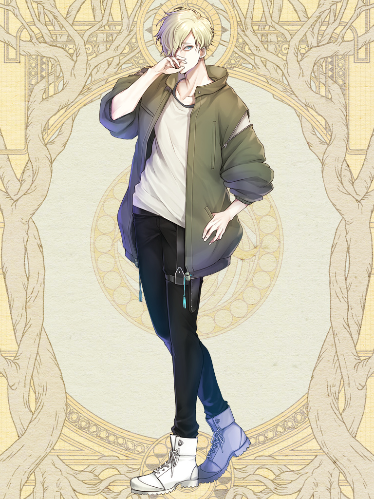 1boy, black_pants, blonde_hair, blue_eyes, dairoku_ryouhei, fujimoto_kishino, hair_over_one_eye, hand_up, holster, jacket, kashino_yuki, male_focus, open_clothes, open_jacket, pants, shirt, shoes, sneakers, solo, standing, thigh_holster, thumb_in_pocket, white_shirt, white_shoes, yellow_background, zipper