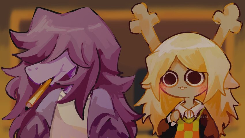 2girls, :3, alicezakat, animal_ears, antlers, artist_name, black_eyes, black_sleeves