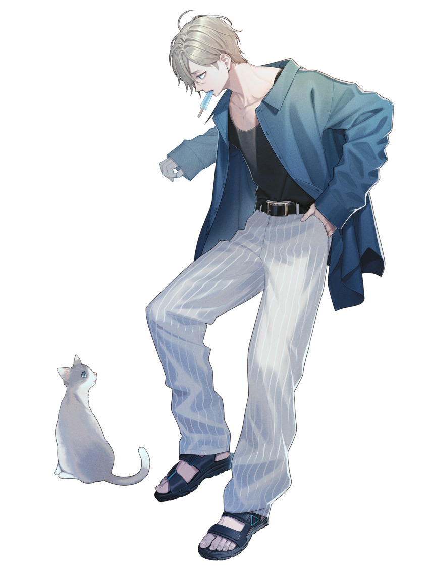 1boy, belt, black_shirt, blue_shirt, cat, dairoku_ryouhei, earrings, food, full_body, grey_pants, hand_in_pocket, highres, jewelry, kashino_yuki, light_brown_hair, long_sleeves, male_focus, mouth_hold, pants, popsicle, sandals, satono_omo, shirt, short_hair, solo, striped_clothes, striped_pants, stud_earrings, transparent_background