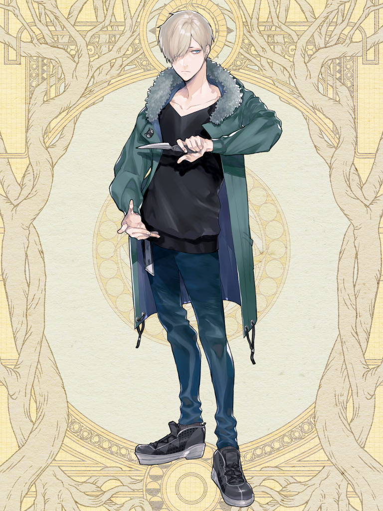 1boy, black_footwear, black_shirt, blonde_hair, blue_pants, coat, dairoku_ryouhei, denim