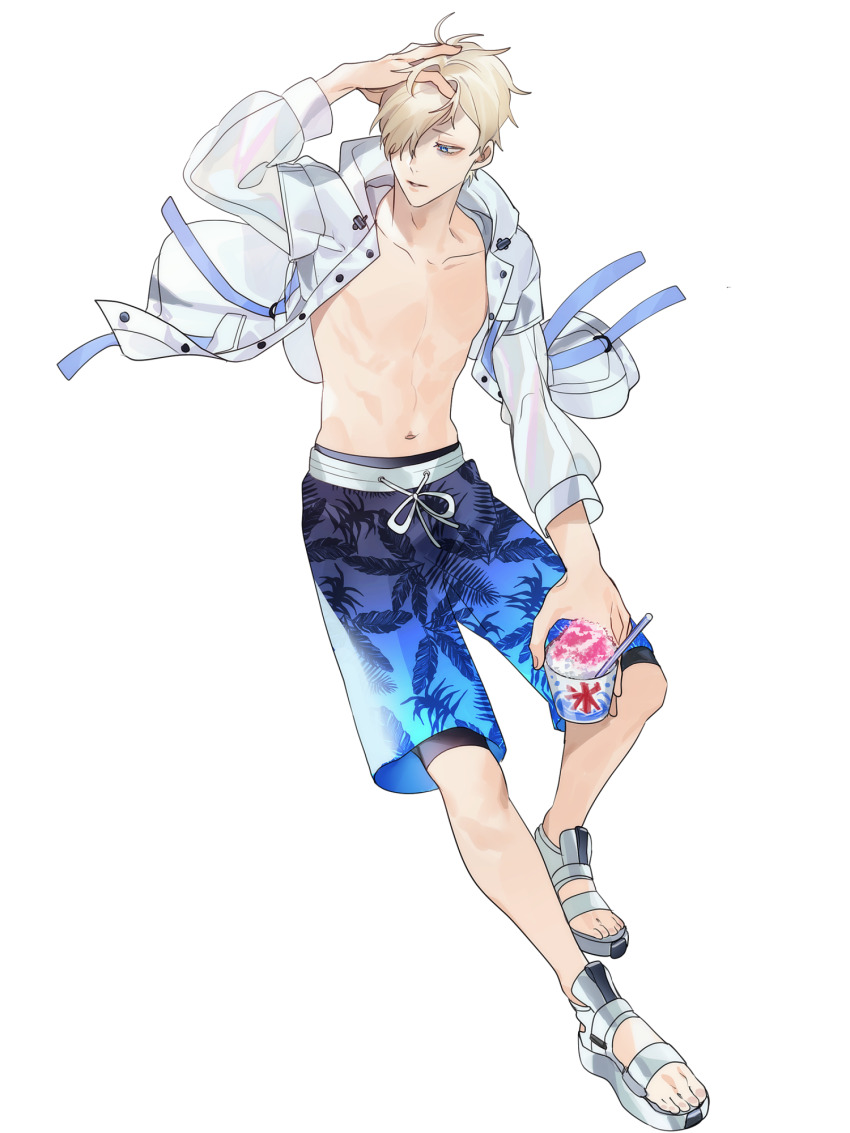 blue_eyes, blue_swim_trunks, dairoku_ryouhei, food, full_body, hair_over_one_eye, hand_up, highres