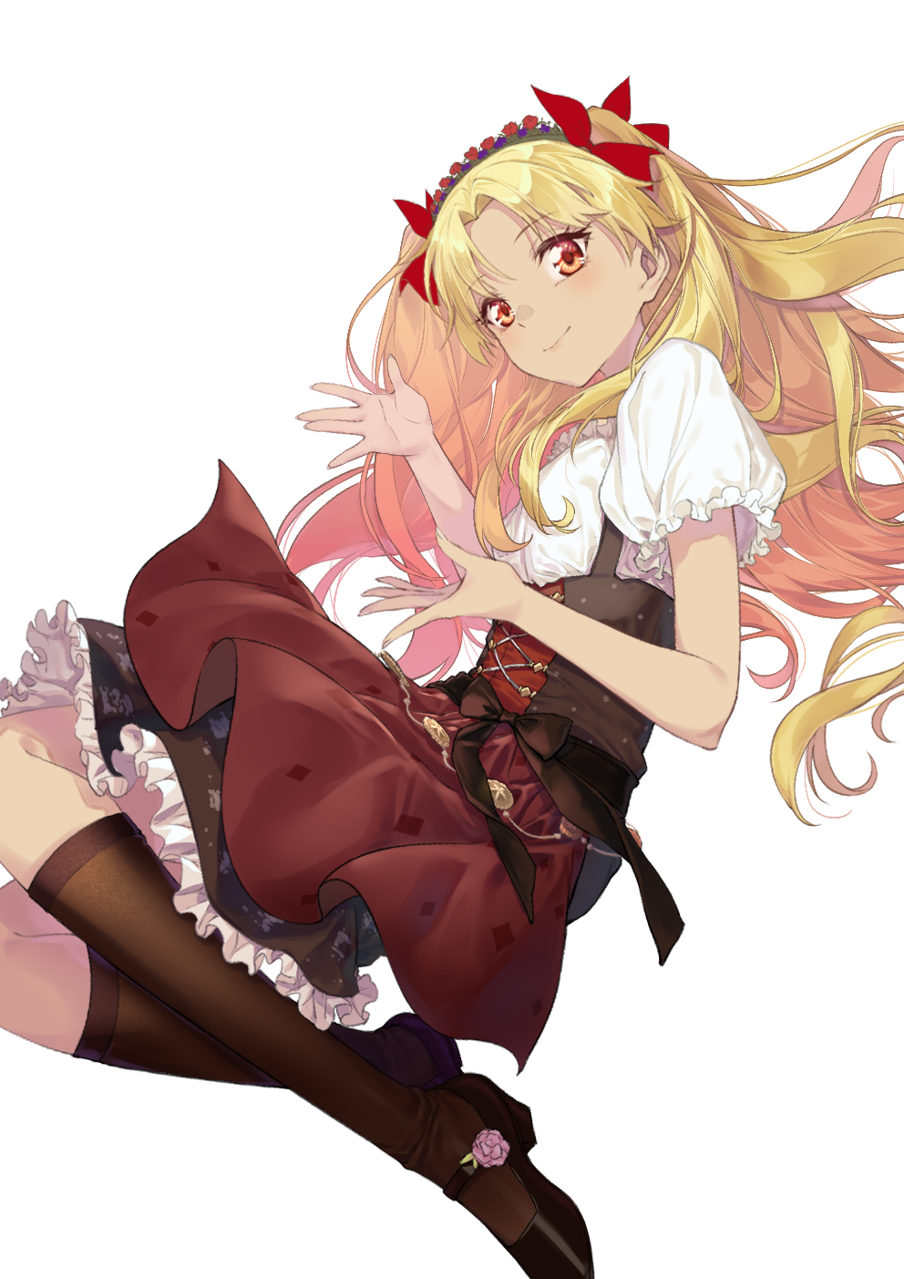 1girl, blonde_hair, breasts, coffeekite, contemporary, dark-skinned_female, dark_skin, ereshkigal_(fate), ereshkigal_alter_(event_portrait)_(fate), ereshkigal_alter_(fate), fate/grand_order, fate_(series), highres, long_hair, looking_at_viewer, medium_breasts, parted_bangs, red_eyes, smile, solo, two_side_up