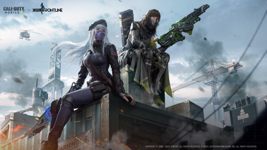 2girls, absurdres, assault_rifle, bandana, beret, black_hair, blunt_bangs, brown_eyes, brown_hair, call_of_duty, call_of_duty:_mobile, character_name, clothes_around_waist, commentary, commentary_request, copyright_logo, copyright_name, copyright_notice, cosplay, crossover, dusk_(call_of_duty:_mobile), girls'_frontline, gloves, green_eyes, green_hair, grey_hair, gun, hair_ornament, hat, highres, hk416_(girls'_frontline), hk416_(girls'_frontline)_(cosplay), holding, holding_gun, holding_weapon, jacket, jacket_around_waist, kestrel_(call_of_duty:_mobile), korean_commentary, logo, long_hair, long_sleeves, m4a1_(girls'_frontline), m4a1_(girls'_frontline)_(cosplay), m4a1_(mod3)_(girls'_frontline), mask, multicolored_hair, multiple_girls, official_art, particle_cannon_case, print_bandana, promotional_art, realistic, rifle, skull_print, streaked_hair, very_long_hair, weapon