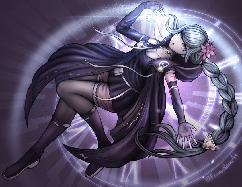 1girl, absurdres, black_dress, black_pantyhose, blue_eyes, blue_hair, boots, braid