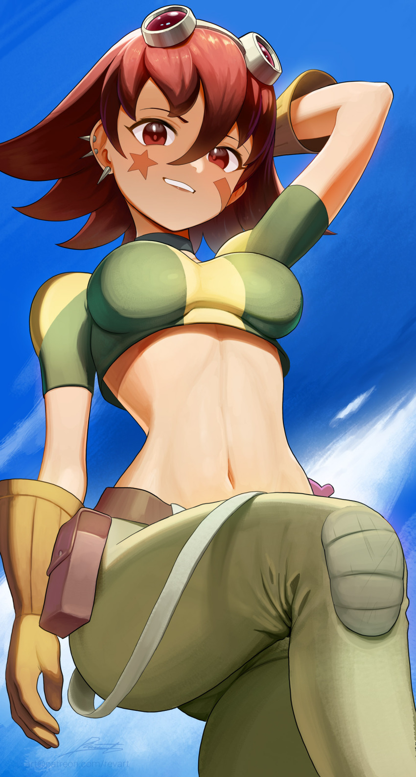 1girl, absurdres, blue_sky, breasts, cloud, commentary, commission, ear_piercing