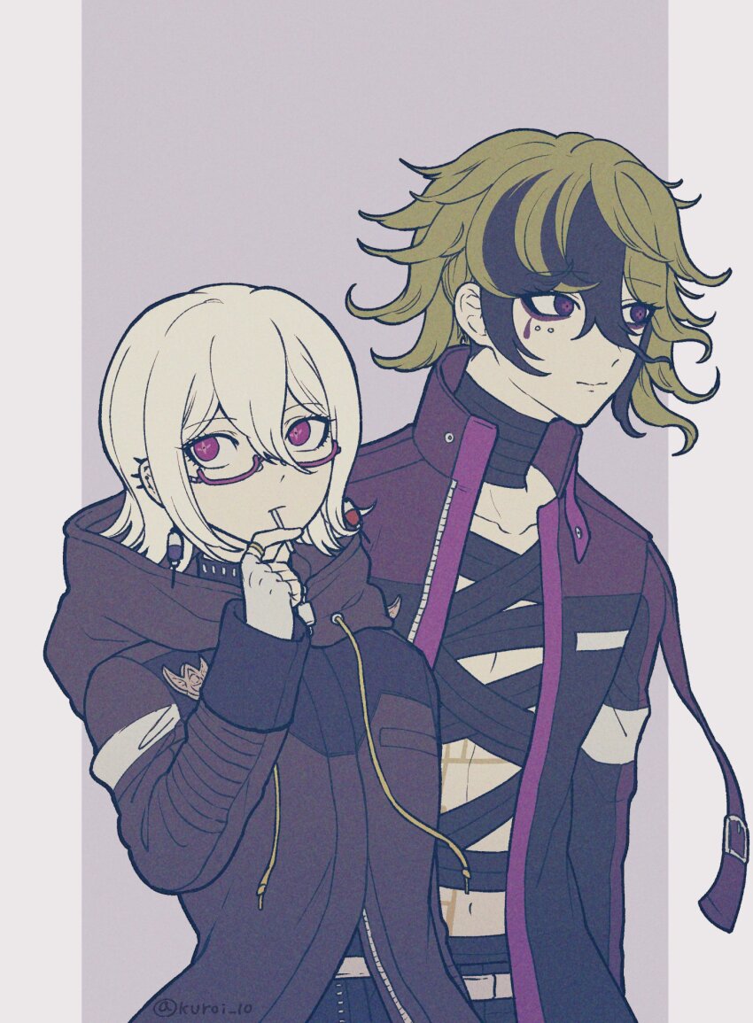 1boy, 1other, bandaged_chest, black_hair, candy, closed_mouth, coat, commentary_request