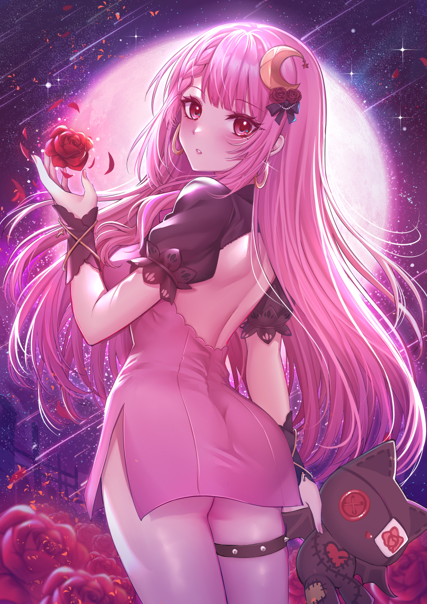 1girl, absurdres, back, backless_dress, backless_outfit, black_bow, black_shirt, bow