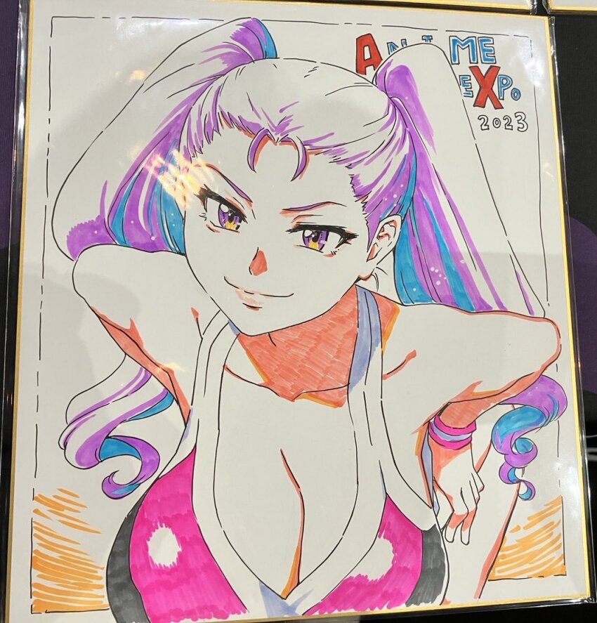 1girl, 2023, anime_expo, black_hair, breasts, cheerleader, cleavage, colored_inner_hair, colorized, honjoumiya_tsubomi, large_breasts, long_hair, looking_at_viewer, multicolored_hair, peace_hame, purple_eyes, purple_hair, shikishi, shiwasu_no_okina, signed, simple_background, smile, twintails