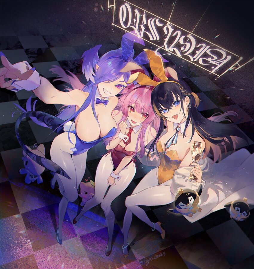 2023, 3girls, animal_ears, anklet, blue_eyes, blush, breasts, bunny_day, detached_collar, dragon_girl, dragon_tail, dragoon_(selen_tatsuki), earrings, fake_animal_ears, fake_tail, hair_between_eyes, head_wings, high_heels, highres, jewelry, kistina, large_breasts, long_hair, looking_at_viewer, multiple_girls, necktie, nijisanji, nijisanji_en, obsydia, open_mouth, pantyhose, pentomo_(petra_gurin), petra_gurin, pink_hair, playboy_bunny, purple_eyes, purple_hair, rabbit_ears, rabbit_tail, rosebud_(rosemi_lovelock), rosemi_lovelock, selen_tatsuki, smile, standing, tail, tongue, virtual_youtuber, wings, wrist_cuffs