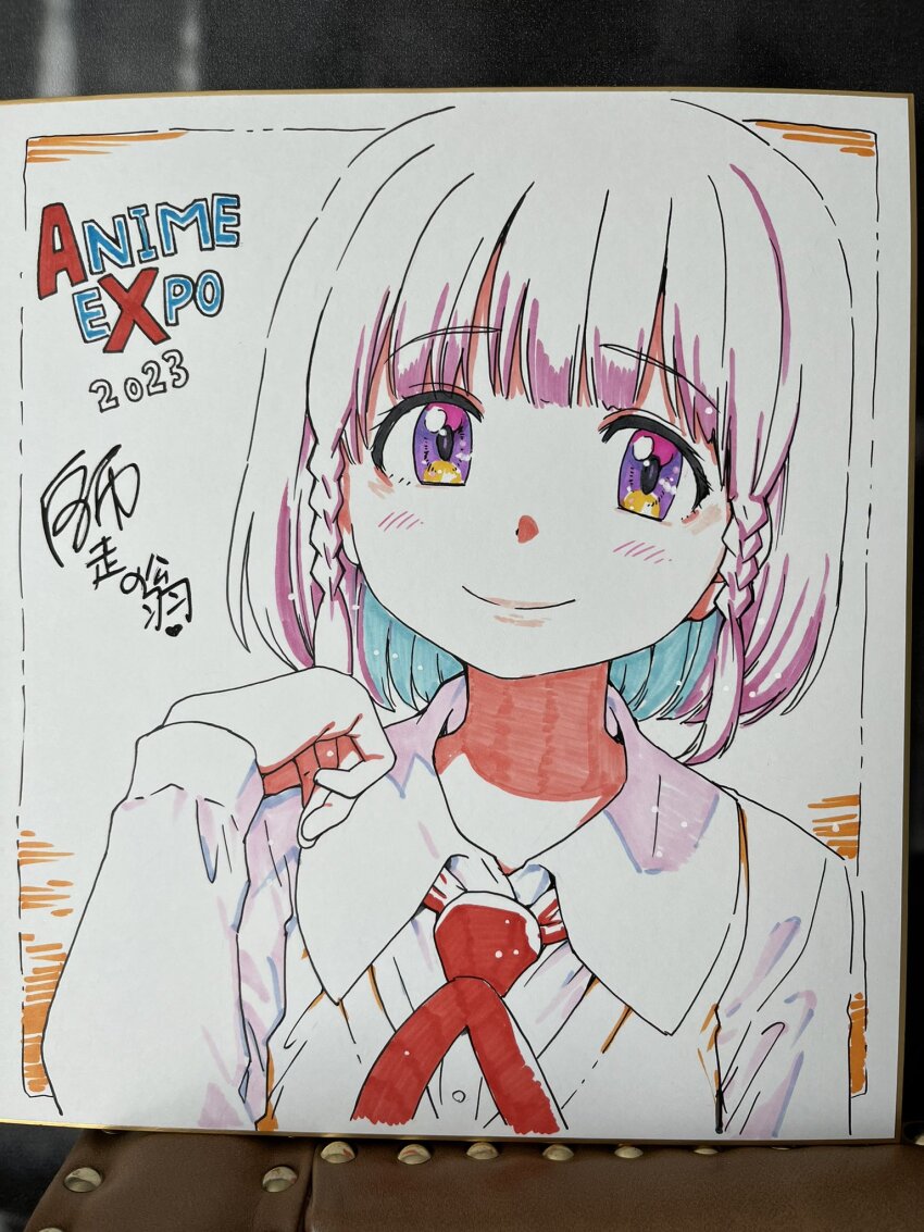 1girl, 2023, anime_expo, anime_expo2023, blush, braid, closed_mouth, colorized