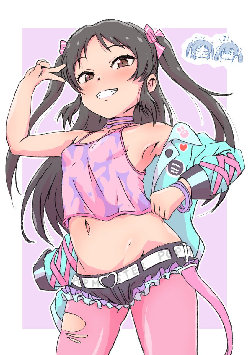 2girls, :d, armpits, beika1677, belt, black_shorts, blue_jacket, bow, breasts, brown_eyes, brown_hair, choker, closed_eyes, commentary_request, grin, groin, hair_bow, heart_belt, highres, idolmaster, idolmaster_cinderella_girls, idolmaster_cinderella_girls_u149, jacket, jacket_partially_removed, long_hair, matoba_risa, midriff, multiple_girls, musical_note, navel, off_shoulder, open_mouth, pantyhose, pink_bow, pink_choker, pink_pantyhose, short_shorts, shorts, small_breasts, smile, solo_focus, tachibana_arisu, torn_clothes, torn_pantyhose, twintails, two_side_up, white_belt